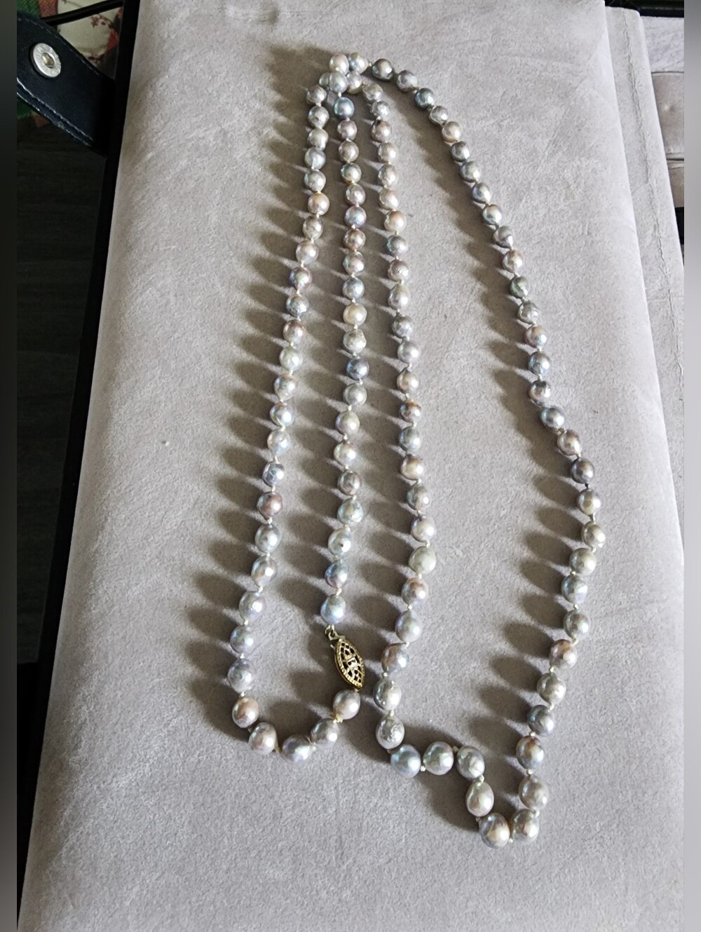 VTG Gray Fresh Water Baroque Pearls Hand Knotted 37" Necklace W/ Fillagree Clasp